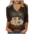 thumbnail image 5 of Craaazy Halloween Plus Size Casual Tops for Women Solid Color V Neck 3/4 Length Sleeve Halloween Printed Stretch Autumn Festival Daily Wear Blouse, 5 of 5