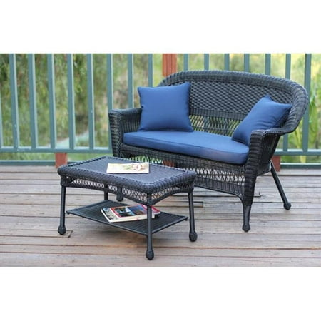 Jeco W00207-LCS011 Black Wicker Patio Love Seat And Coffee Table Set With Blue Cushion
