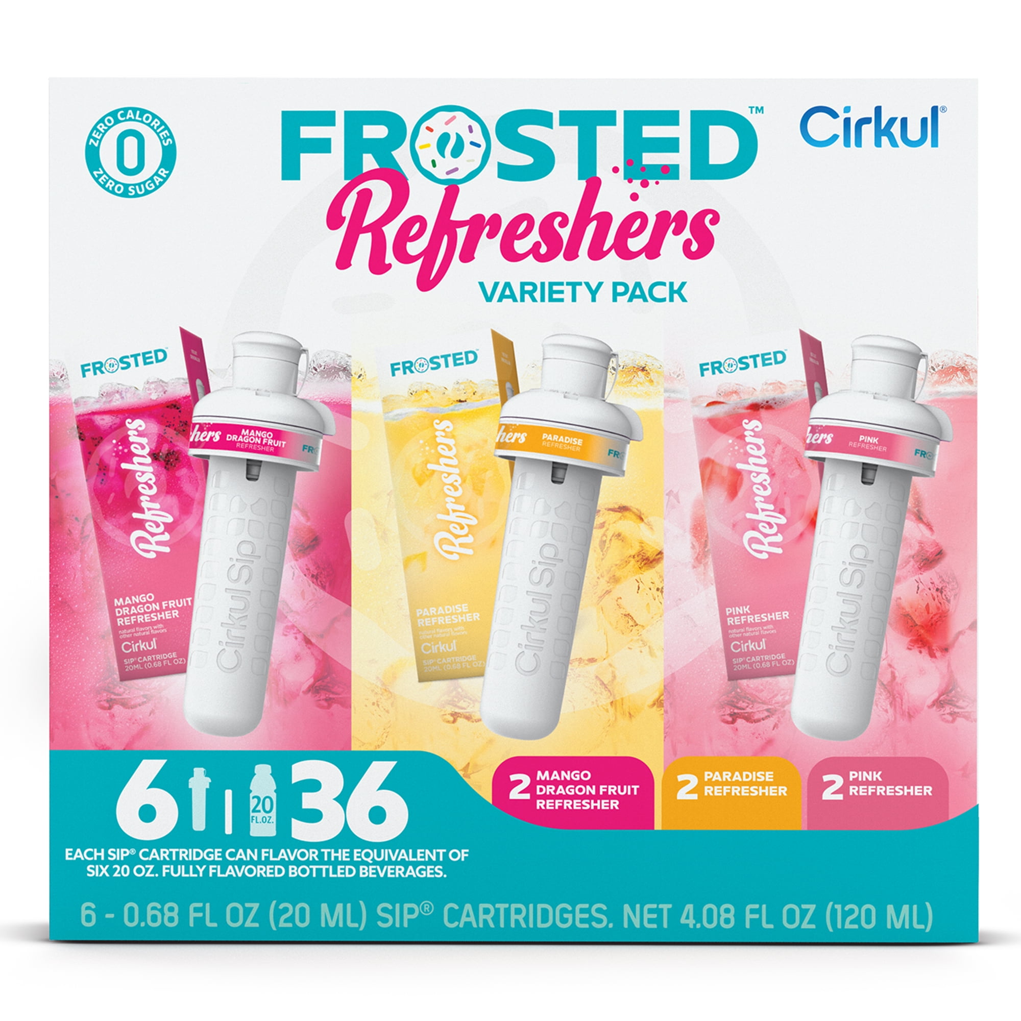 (4 pack) Cirkul Frosted Refreshers Flavor Cartridge Variety Pack, Drink Mix, 6-Pack (2 Pink Refresher, 2 Mango Dragon Fruit Refresher, & 2 Paradise Refresher)