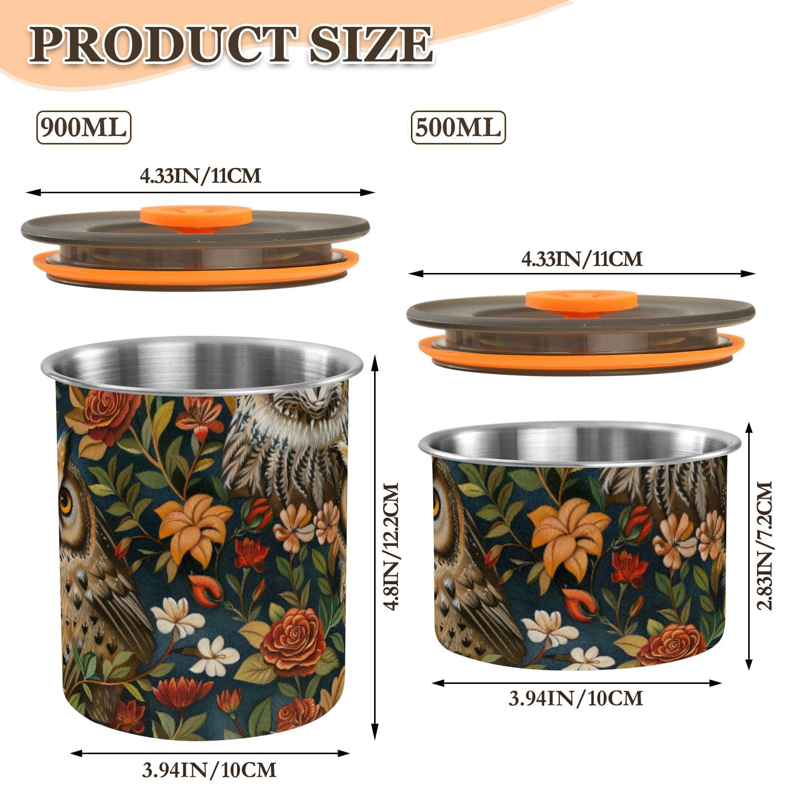 Owl Rose Flower Airtight Coffee Bean Canister 30oz Food Storage Containers with Lids For Gournd, Tea, Sugar, Flour, Rice, Cereal, Candy Cookie Jar