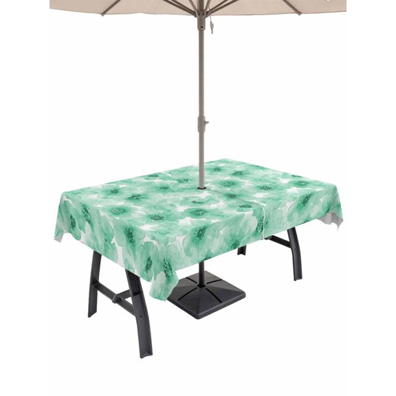 Outdoor Tablecloth with Umbrella Hole and Zipper, Green Flowers Rectangle Table Cloth 60x120 Inch Waterproof Tablecloth, Vintage Floral Leaves Pastoral Country Picnic Table Cover for Patio Camping