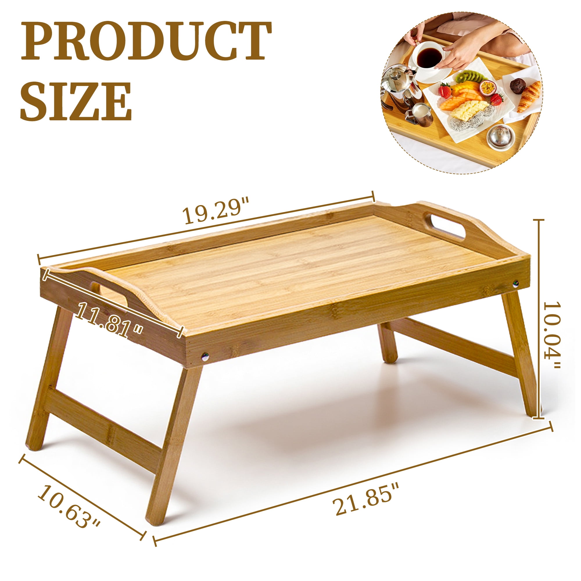 GARITIN Bed Tray Table, Breakfast Tray with Folding Legs and Handles, Multipurpose Laptop Desk, Bamboo Serving for Kitchen, Sofa, Bedroom