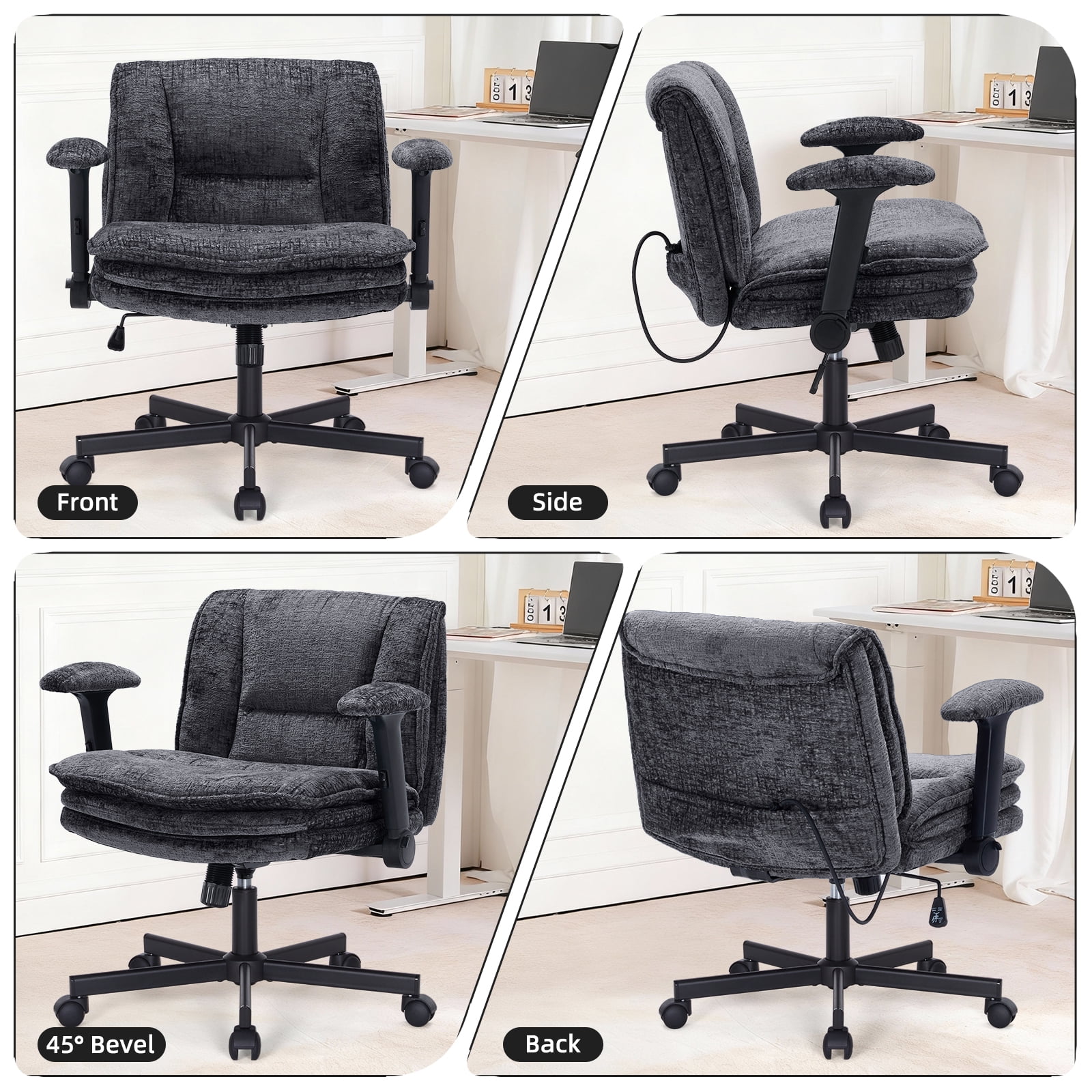 Criss Cross Legged Office Chair with Wide 3 Layer Cushions, Ergonomic Criss Cross Desk Chair with Dynamic Lumbar Support and Flip-up Arms, Mid Back Fabric Swivel Vanity Chair for Work, Study, Leisure
