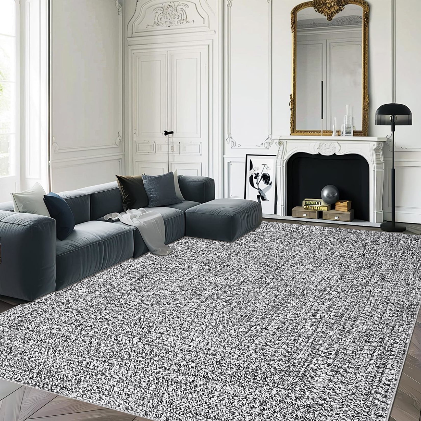 Haperlare Machine Washable Braided Rugs for Living Room Solid Woven Print Low Pile Soft Area Rugs Home Office Bathroom Rugs Grey Carpet,9'x12'