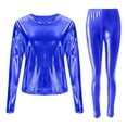 thumbnail image 3 of IWRICH Shiny Liquid Metallic Sets for Women 2 Piece Long Sleeve T Shirts High Waist Stretch Leggings Matching Wear Casual Party Jumpsuit Blue L, 3 of 3