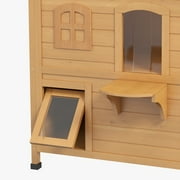 PawHut Outdoor Wooden 2-Story Cat House, Wooden Door, Openable Roof, Jumping Platforms, Natural
