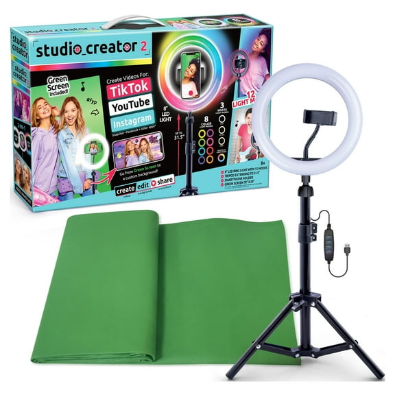 Studio Creator 8" Multicolor LED Ring Light with Tripod, Green Screen, and Phone Holder