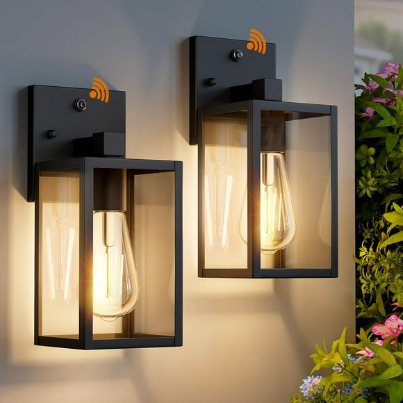 Luces de pared para exteriores, paquete de 2 unidades, del anochecer al amanecer con sensor, color negro