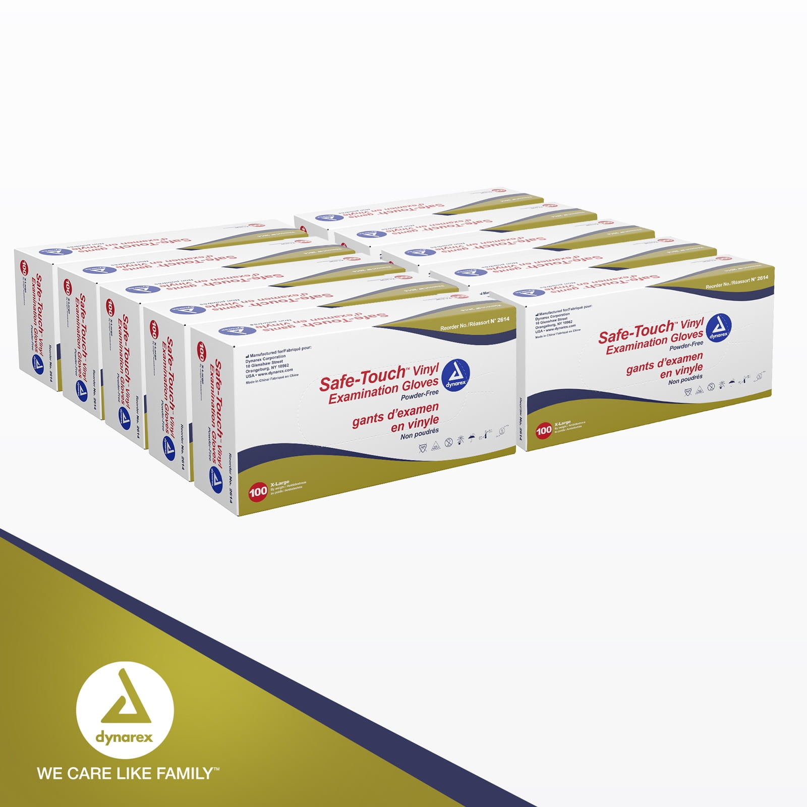 Dynarex Safe-Touch Vinyl Disposable Exam Gloves, Powder-Free, Food Safety and Compliance, Ambidextrous, Clear, Extra Large, 1 Case of 1000 Gloves (10 Boxes of 100 Gloves)