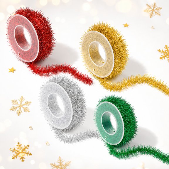 Tutuviw 4 Rolls 36 Ft Christmas Tinsel Ribbon Glitter Garland for Christmas Tree Decorations Wired Ribbons Carnival Metallic Wire Tinsel Garland Strands Birthday Party Decor(Gold Silver Green Red)