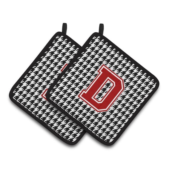 Letter D Monogram - Houndstooth Black Pair of Pot Holders