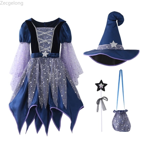 Zecgelong Kids Witch Dress Hat Bag Magic Wand 4Pcs Set Role Play Outfit Blue 4-5 Years