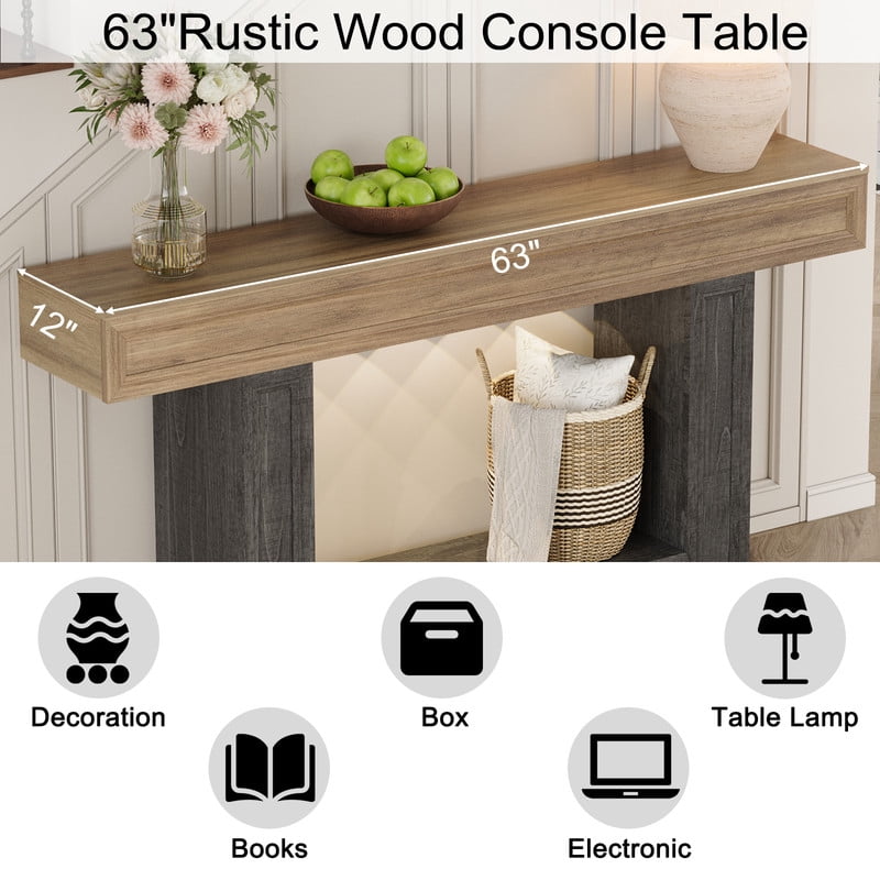 PLAMLE 63 Inch 2-Tier Console Table with Sensor Lights, U-Shaped Base Sofa Table for Entryway, Hallway, Living Room, Foyer, Narrow Small Spaces