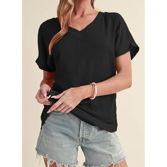 Womens Short Sleeve T Shirt Basic Crinkled V Neck Wide Sleeve T-Shirt Solid Daily Summer Tops