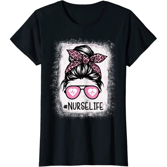 Nurse Life Shirts Pink Leopard Messy Bun Nurse Life T-Shirt Tops