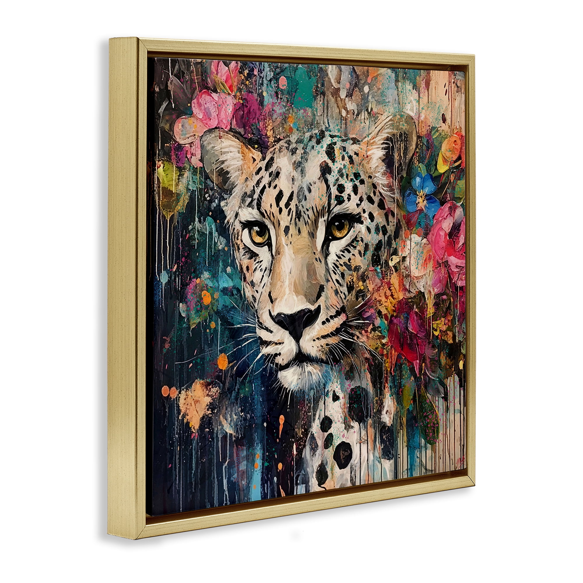 Stupell Industries Cheetah & Exotic Blooms Gold Framed Floater Canvas Wall Art, design by Marta Wiley