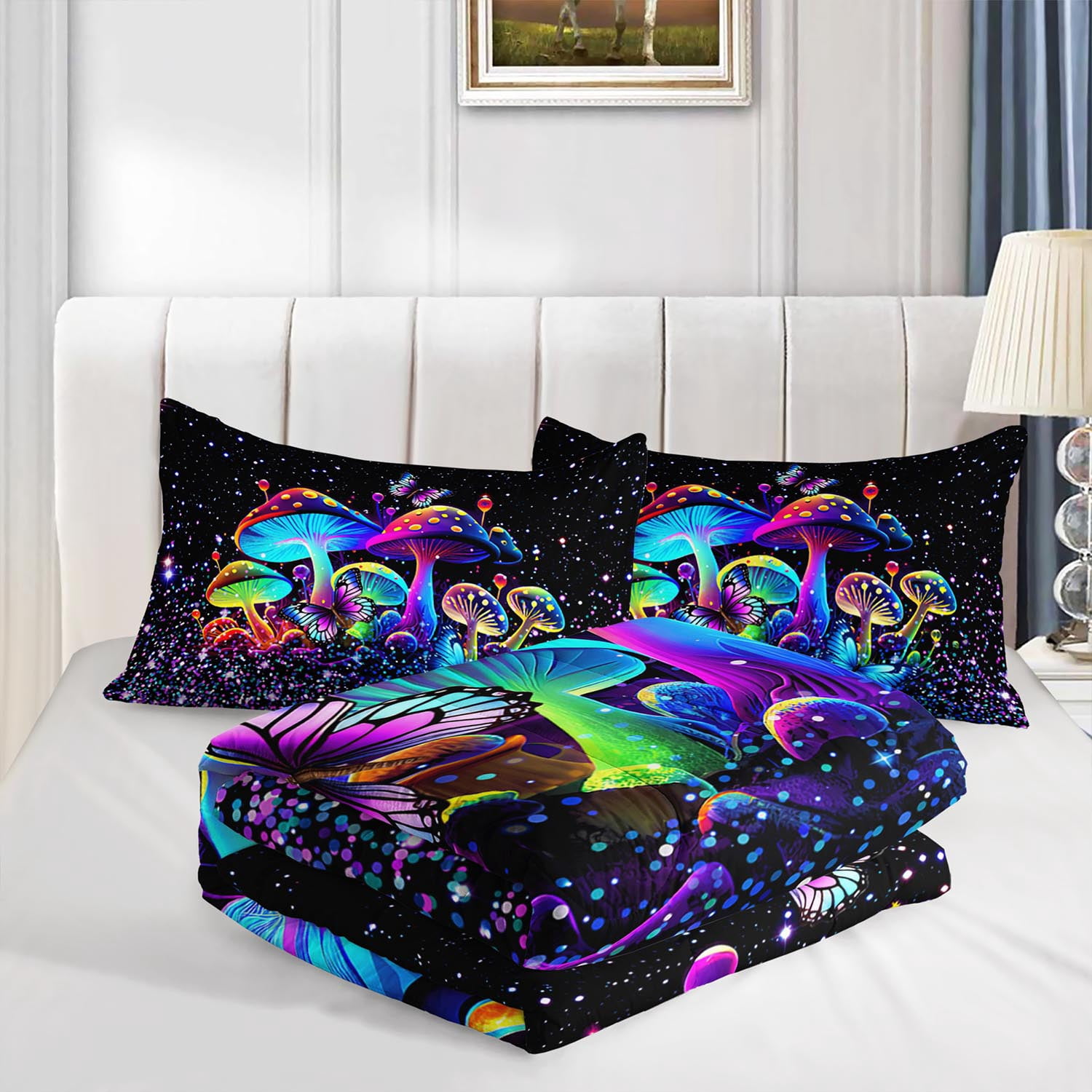3pcs Psychedelic Mushroom Comforter Set, Neon Glow Bedding Set for Bedroom or Guest Room Decor, All Seasons Quilt Machine Washable Duvet with 2 Pillowcases