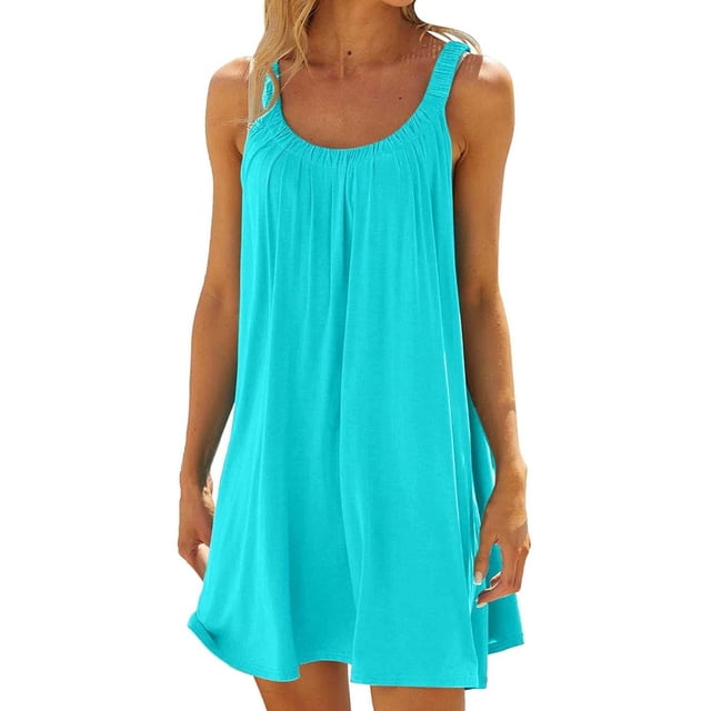 Vestidos para mujer Vestido de verano sin mangas con tirantes finos Camiseta plisada lisa DM