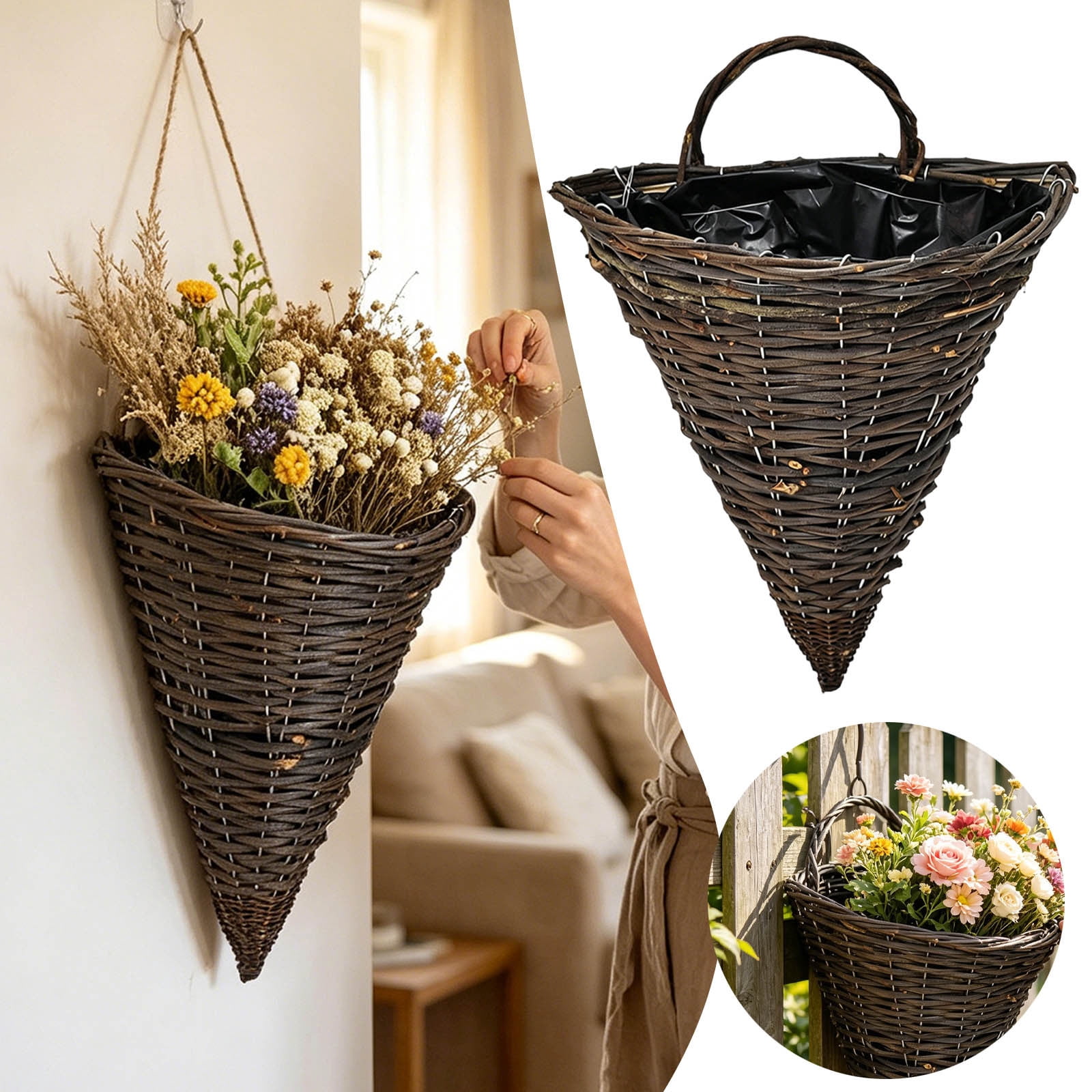 Boho Hanging Wicker Baskets Handwoven Scalloped Wall Flower Basket Spring Farmhouse Rattan Hanging Wall Storage Rustic Cone-Shaped Planter with Liner for Indoor Outdoor Greenery Display