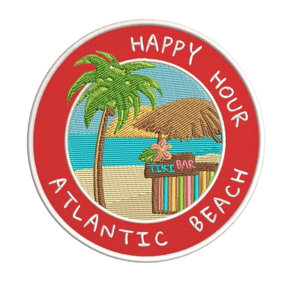 Happy Hour! Atlantic Beach, Florida 3.5 Inch Iron Or Sew On Embroidered Fabric Badge Patch Ocean Beach, Salt Life Iconic Series