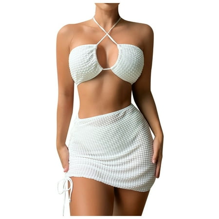 Cathalem Swimsuit for Women Women Sexy Thong String 2 Piece Bikini Set Cheeky Halter Swimsuit (White S)
