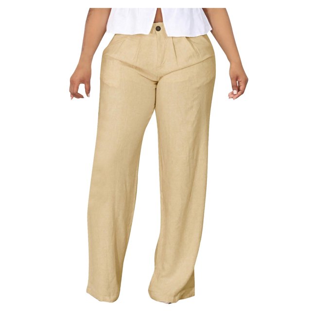 FAIWAD Cotton Linen Pants for Womens High Waisted Straight Lounge Button Up Plus Size Trousers