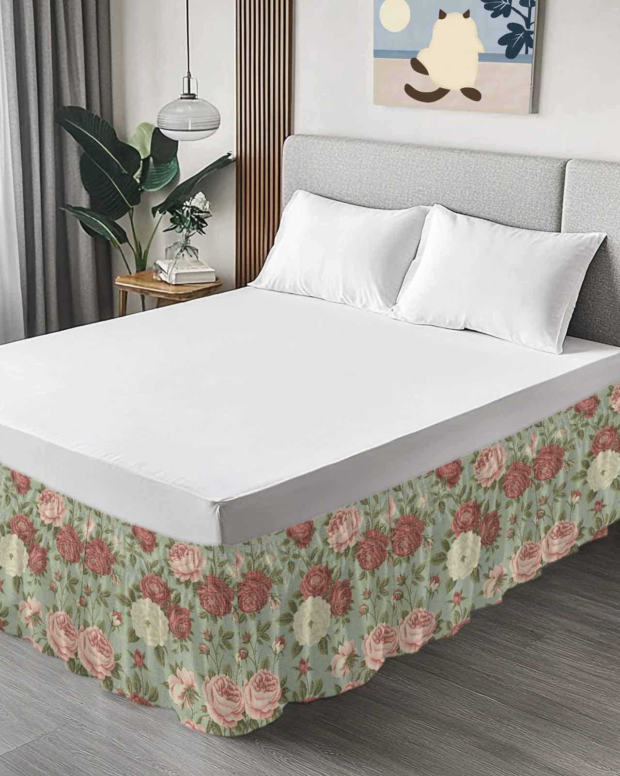 Spring Pink Roses Bed Skirt King Size 16 Inch Drop, Flowers Retro Countryside Adjustable Elastic Dust Ruffles Bedskirt for King Bed Wrap Around Pleated Mattress Frame Cover