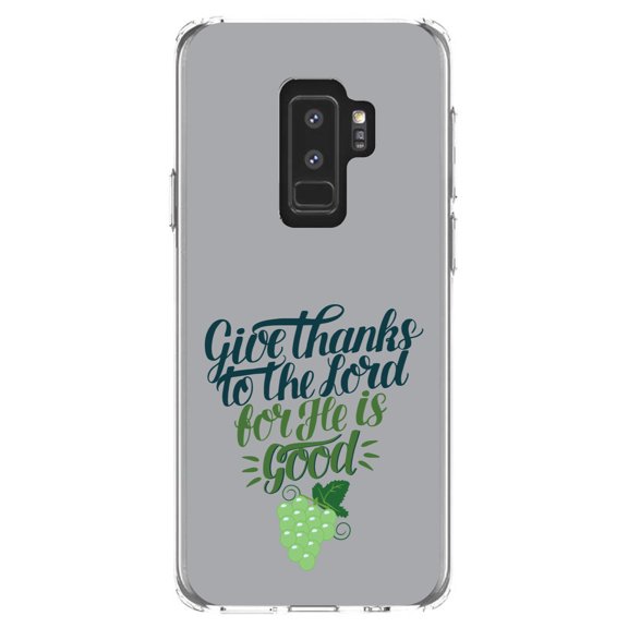DistinctInk Clear Shockproof Hybrid Case for Samsung Galaxy S9  PLUS (6.2" Screen) - TPU Bumper, Acrylic Back, Tempered Glass Screen Protector - Give Thanks to the Lord For He Is Good - Grapes