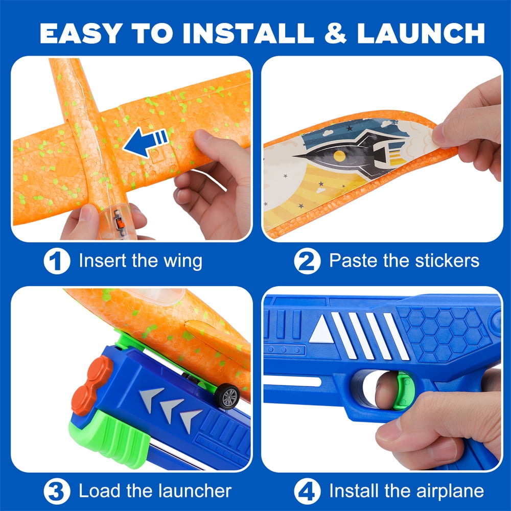 Growsly 4 Pack Catapult Airplane Glider Toy for 4-12 Kids, Red, Orange, Blue, Green