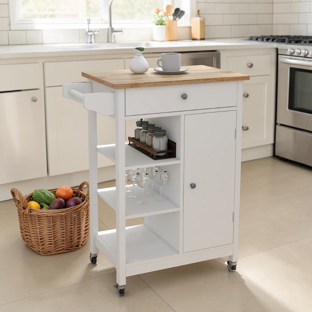 Gzxs Kitchen Island, Small Rolling Kitchen Cart with Open Storage Shelves, Dining Serving Utility Trolley on Wheels with Drawer & Cabinet, Towel Rack, Rubberwood Top, White+Natural