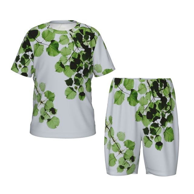 Balery Watercolor Green Leaves Conjunto de Pijama Infantil de Manga Corta con Estampado – Ropa de Dormir de Algodón Suave-Large