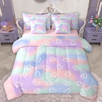 Homewish Cute Heart Print 7 Pieces Bedding Comforter Set,Loves Pattern Full Bedding Set,Pink Purple Blue Ombre Fitted Sheet Flat Sheet For Girls Kids,Microfiber Bedroom Decor Reversible