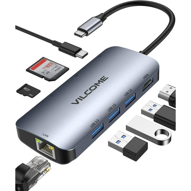 Adaptateur de concentrateur USB C, Vilcome Adaptateur USB C 8 en 1 avec 4K USB  C vers HDMI, lecteur de carte SD/TF et Ethernet, 3 ports USB 3.0, 87 W 