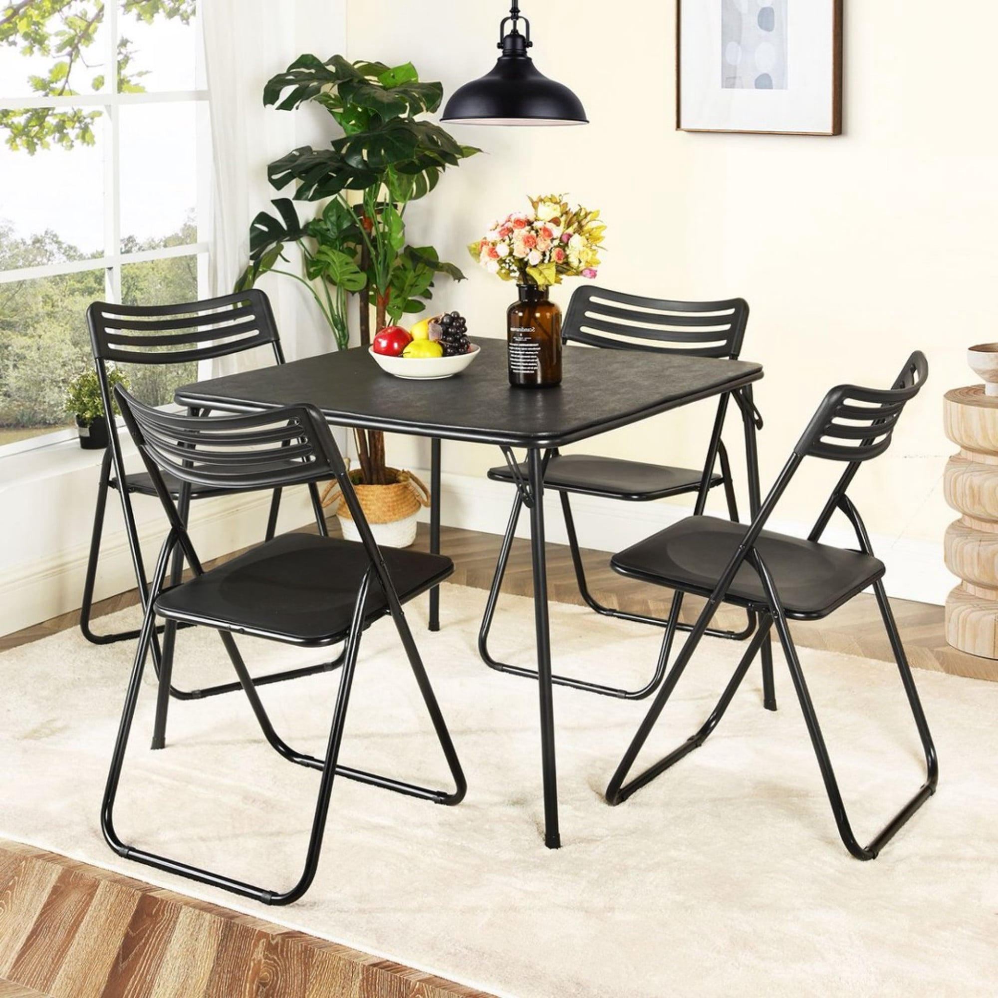 BSHTI 34" Square Folding Table – No Assembly Portable Card Table, PVC Top with Metal Frame, Indoor Outdoor Use for Dining Room, Living Room, Office & Camping, Black