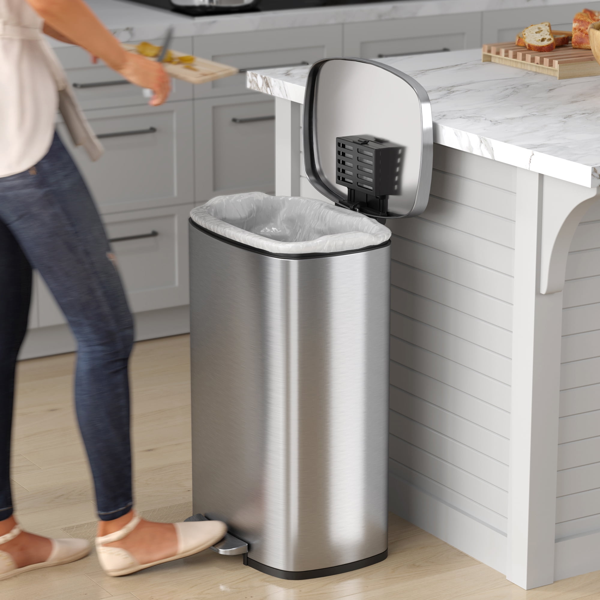 iTouchless SoftStep Stainless Steel Indoor Step Trash Can with Lid 13.2 Gallon Silver (PC13RSS)