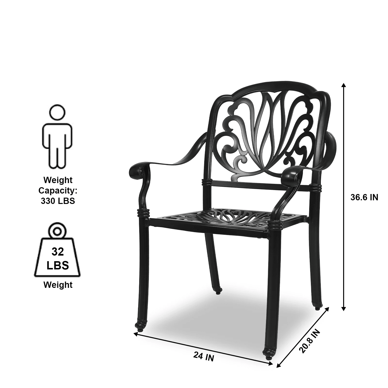 PATIO-IN Set of 2 Cast Aluminum Outdoor Dining Chairs, Stackable Arm Chairs, All-Weather Bistro Seats for Patio, Balcony, Garden, Black