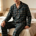 thumbnail image 5 of Ecqkame Cotton Pajamas for Men Set Plaid Long Sleeve Lapel Button Down Tops Elastic Waist Pants Casual Comfy 2 Piece Sleepwear Sets Black XXL, 5 of 5