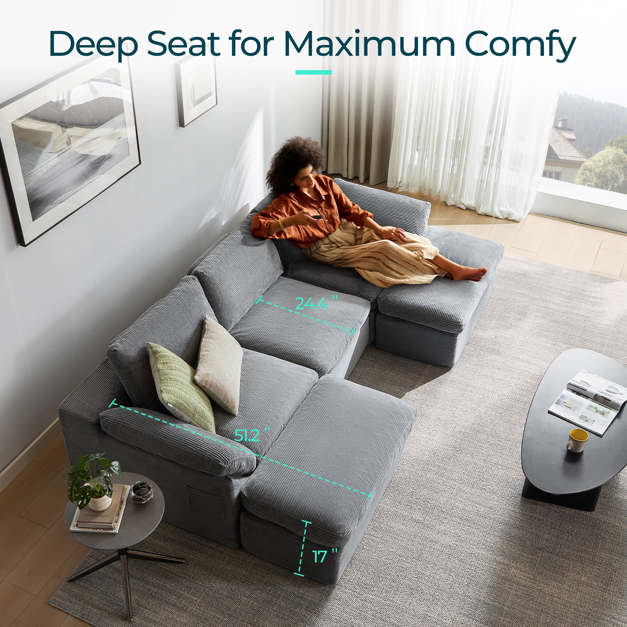 LINSY HOME Oversized 79" Boneless Sectional Couches for Living Room, Cloud Couch Sofa with Corduroy Fabric, 2 Seat Foam Sofa for Living Room, No Assembly Required, Grey