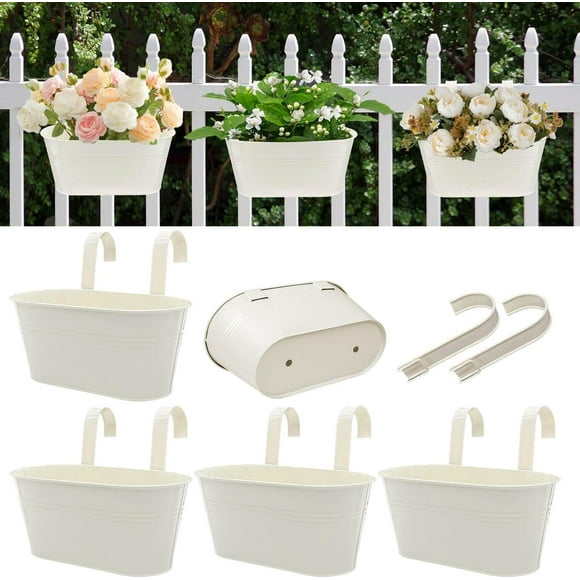 Metal Railing Planter for Outdoor Plants - 5 Pack Balcony Hanging Flower Pots with Detachable Hooks and Drain Holes Oval Bucket Rail Box Fence Planters for Home Garden Decor, White
