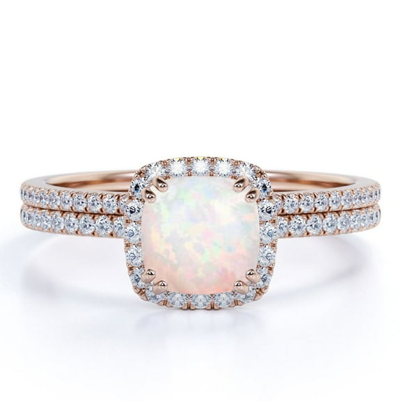 JeenMata Vintage 1.5 ct Cushion Cut Opal and Moissanite Wedding Ring Set in 18K Rose Gold over Silver