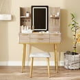 thumbnail image 1 of 4-Drawer Vanity Desk with LED Mirror & Carved Details, Fluted Makeup Table with Metal Legs and PU Stool, Carved Dressing Table with Jewelry Storage for Bedroom, 1 of 8