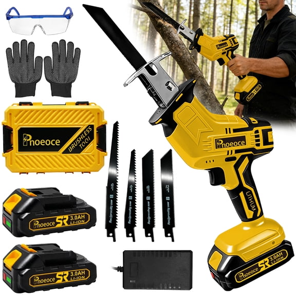 Pnoeoce Cordless Reciprocating Saw with 2 x 3.0Ah Batteries, 12 Saw Blades, Variable Speed 0-3700 RPM, for Wood, Metal and PVC Cutting