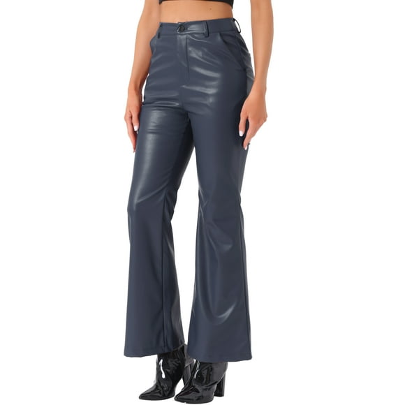 Pantalón Casual de Cuero Sintético Allegra K para Mujer, de Cintura Alta, Campana, Flare, Largo, PU, Talla M, Azul Oscuro