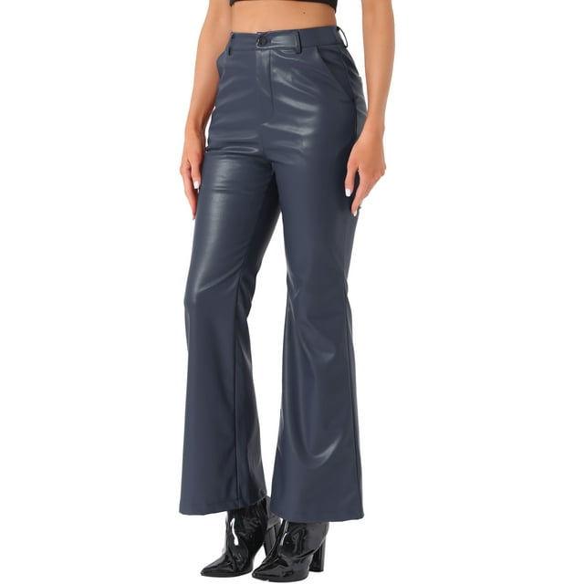 Pantalón Casual de Cuero Sintético Inspire Chic para Mujer, Cintura Alta, Campana, Flare, Largo, PU, Talla XL, Azul Oscuro