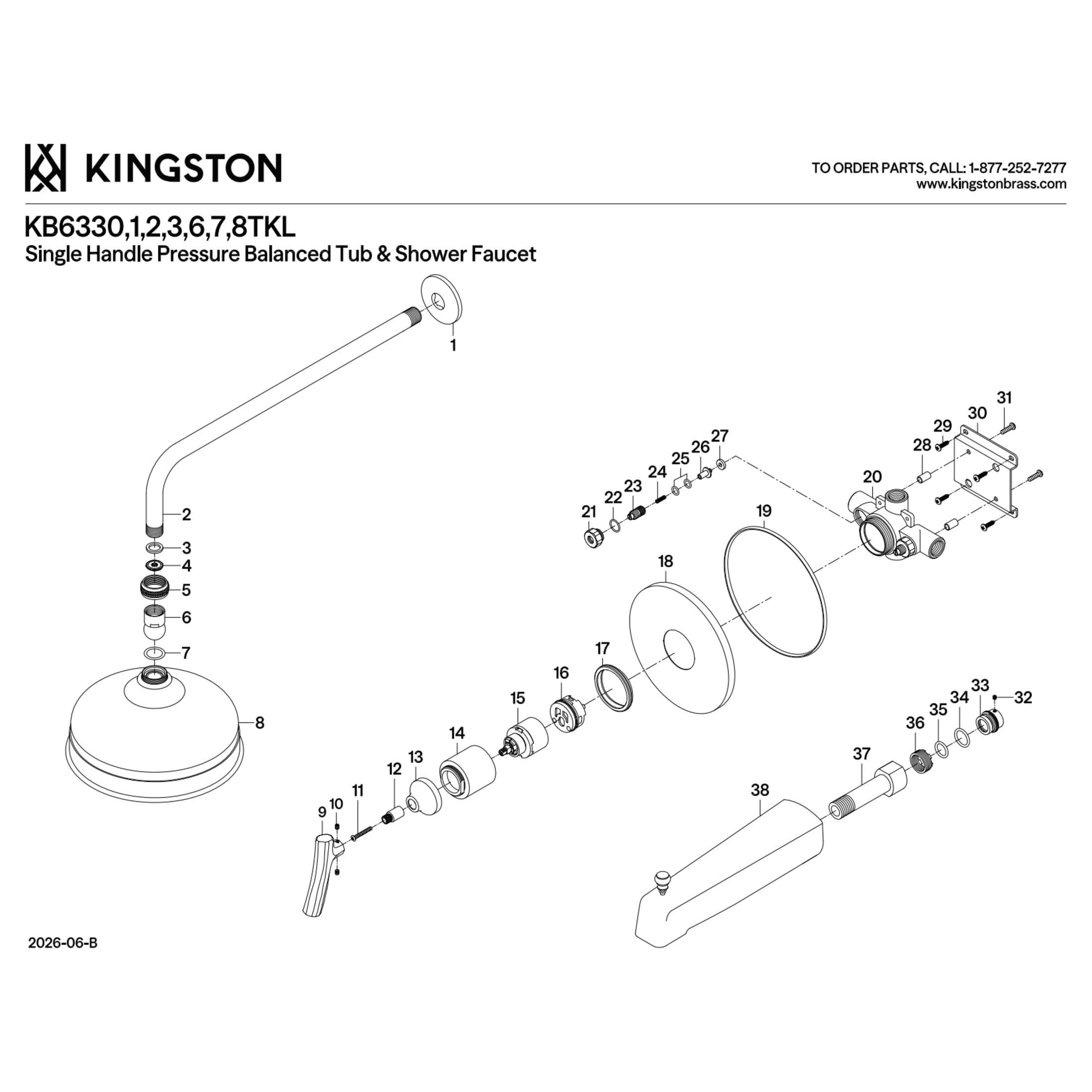 Kingston KB6331TKL Hallerbos Single-Handle Pressure Balanced Tub and Shower Faucet, Polished Chrome