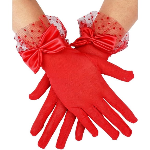 1 Pair Bowknot Lace Gloves 250x125x9.5mm Red Polyester Gauze Gloves for Women Wedding Bride Supplies Tea Party Evening Elegant Accessories