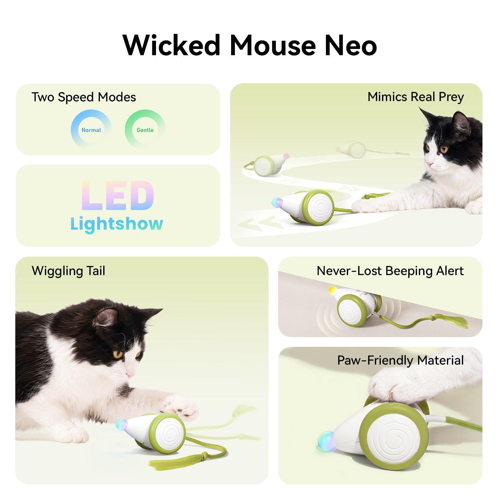 Cheerble Wicked Mouse Neo Automatic Interactive Cat Toy with Tail & LED Light, Apple Green