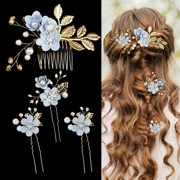 4 Pieces Wedding Flower Hair Pins Pearl Rhinestone Bridal Hair Combs Vintage Hair Forks Wedding Hair Accessories Headpiece Hair Clips for Brides Bridesmaids Women and Girls (White)