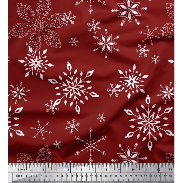 Soimoi Red Rayon Crepe Fabric Snow Flakes Floral Print Fabric by Yard 46 Inch Wide