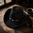 thumbnail image 4 of Vintage Wide Brim Felt Cowboy Hat with Decorative Hat Band, Classic Western Style Fedora Cowgirl Hat, Lightweight Outdoor Travel Party Costume Hat for Men Women Black, 4 of 7